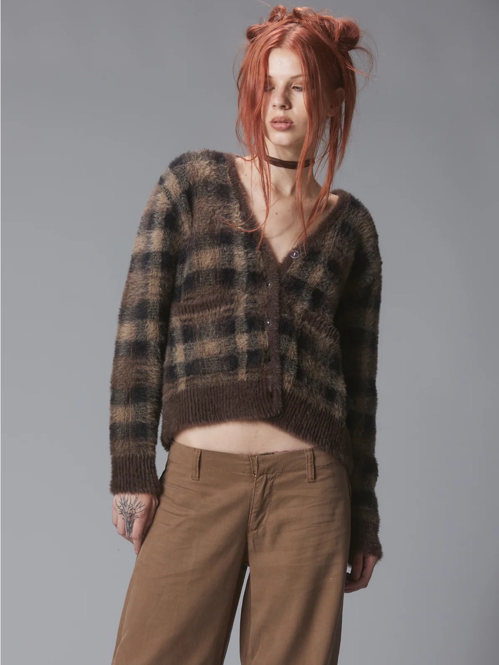 UNIF Brown Plaid Ty Cardigan Sweater